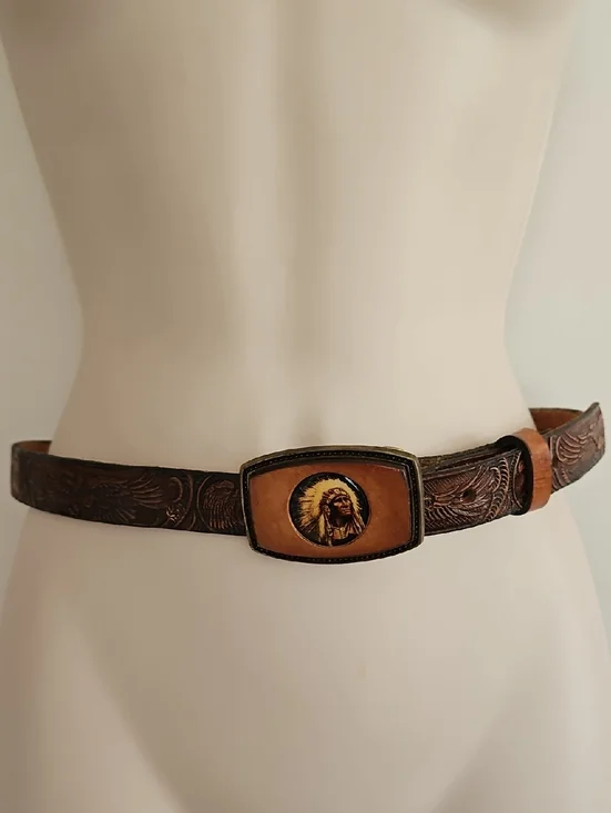 Vintage Western Indian Chief Eagle Leather Childs Belt 26