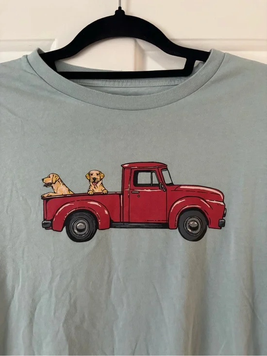 J. Crew Light Blue Tee with Red Truck and Yellow Labs - 100% Cotton - Size L