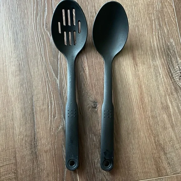 Two Large black plastic cooking utensils