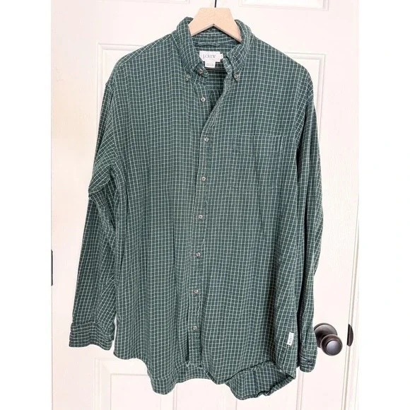 J. Crew 100% Cotton Mens Large Tall Green Plaid Button Up Flannel Shirt Fall