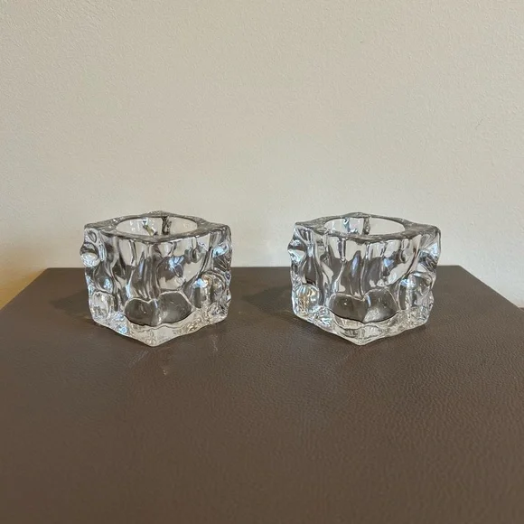 PartyLite Glacier Ice Cube Clear Glass Candle Holders - Set of 2