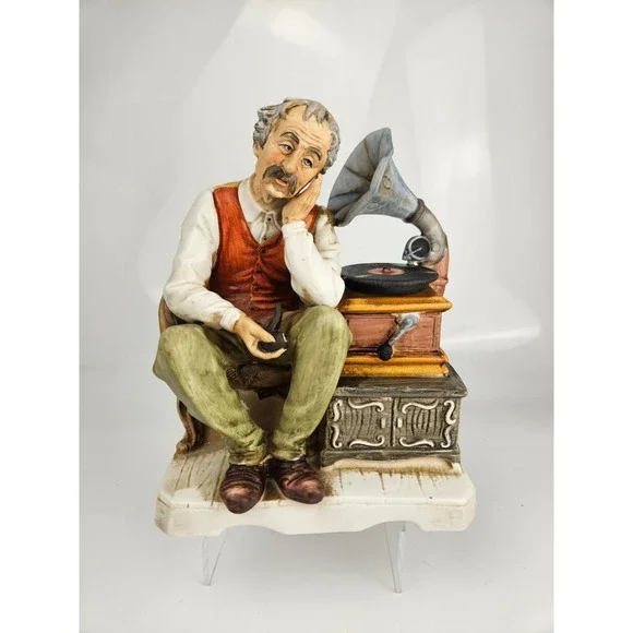 Vintage Music Box Figurine Man‎ Listening Gramophone Rustic Decor