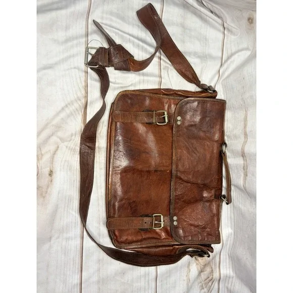 Vintage Vida Vida Brown Distress Leather Messenger Bag Satchel Laptop Crossbody