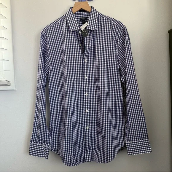 J.Crew Large NEW Performance Slim Button Up Long Sleeve Shirt Navy Plaid Office