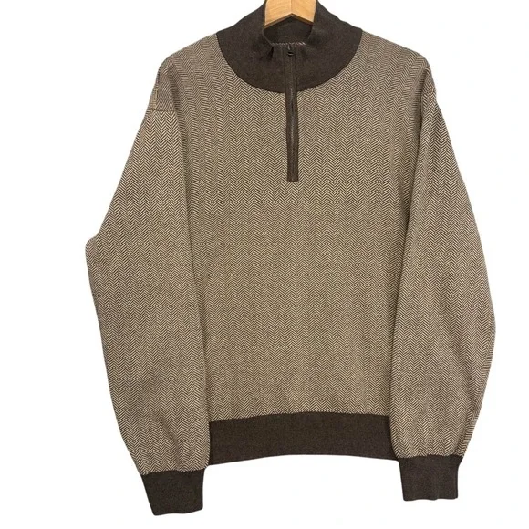 J.Crew Re-Imagined Qtr Zip Sweater Men's L Brown‎ Herringbone Preppy Casual
