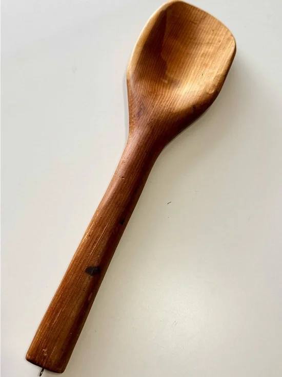 VINTAGE Old Handmade Thick & Heavy Brown Wooden Cooking Spoon w Hanging Hook