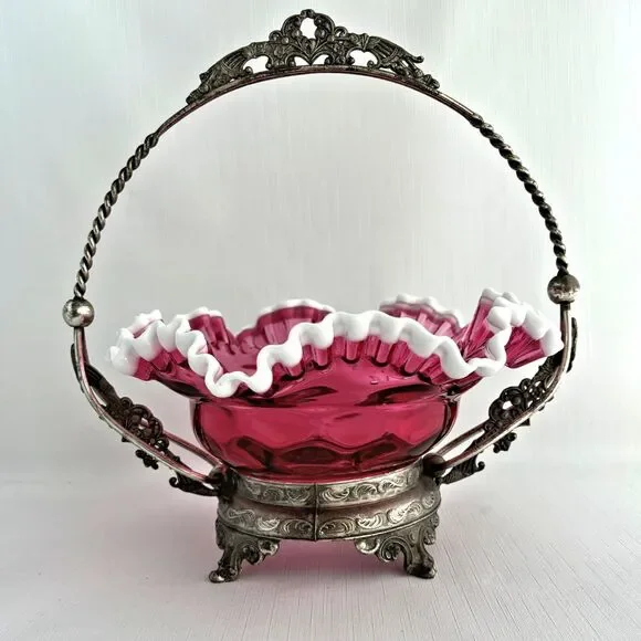 Vintage Ruffled Cranberry Brides Basket Fenton White Crest Metal Holder Victoria