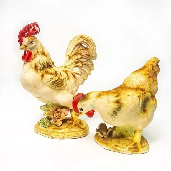 Vintage Pair Enesco Rooster & Hen Porcelain Figurines
