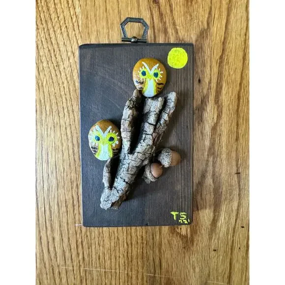 Owl Rock Vintage 72 Hanging Wood Plaque Hand Painted Cottage Core Folk Art