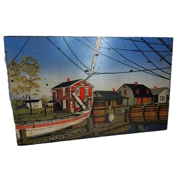 Vintage George Nathan New England Harbor Scene Wooden Plaque Nautical Folk Art