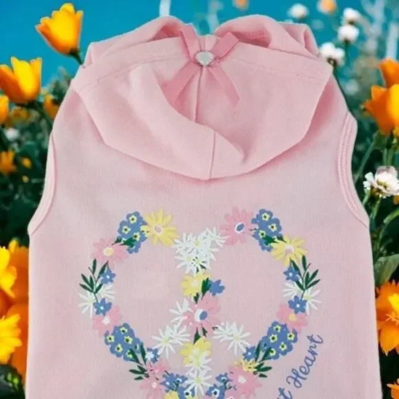 Pink Floral Dog Hoodie Large Wild At Heart Daisy Peace Sign Cozy Pet Sweatshirt