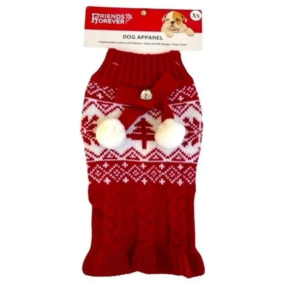 Friends Forever Knit Pet Holiday Tree Red & White Ugly Sweater with Poms XS NWT