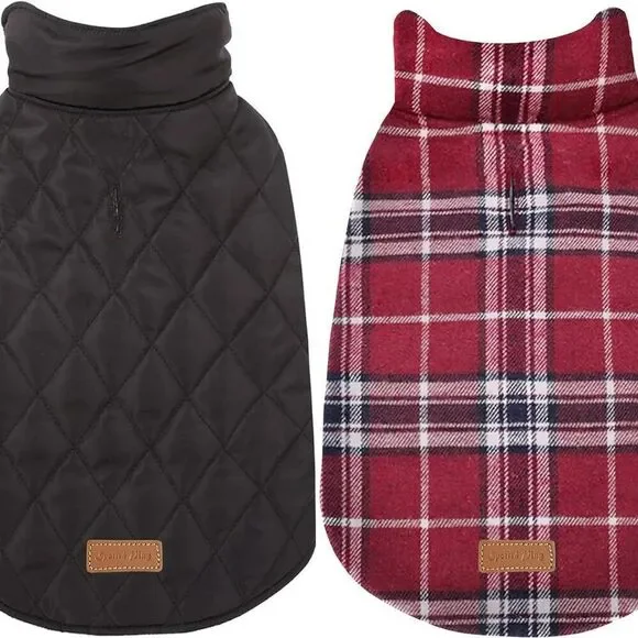 Reversible Waterproof Winter Dog Jacket Coat Plaid and solid Black Sz S NEW