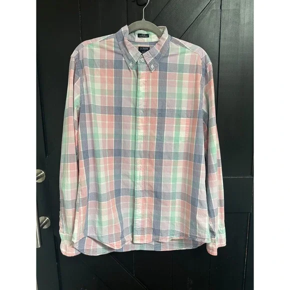 J.Crew Flex Washed Slim Untucked Plaid Button Down Shirt Mens L Pastel Preppy
