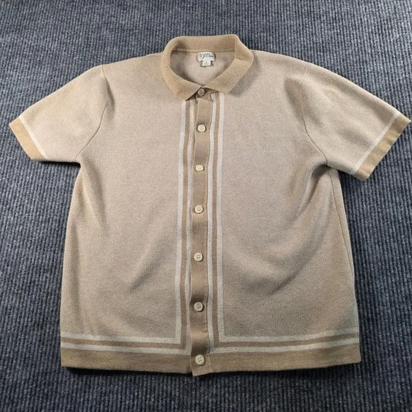 J. Crew Mens Knit Button Front Polo Shirt Tan Beige Striped Short Sleeve Large