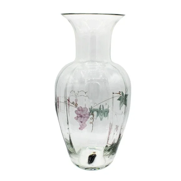 Vintage Large Glass Vase Etched Grape Design Hand Painted Accents by Wine Things