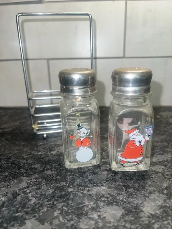Vintage Holiday Snowman & Santa Glass Salt and Pepper Shakers - Red Accents