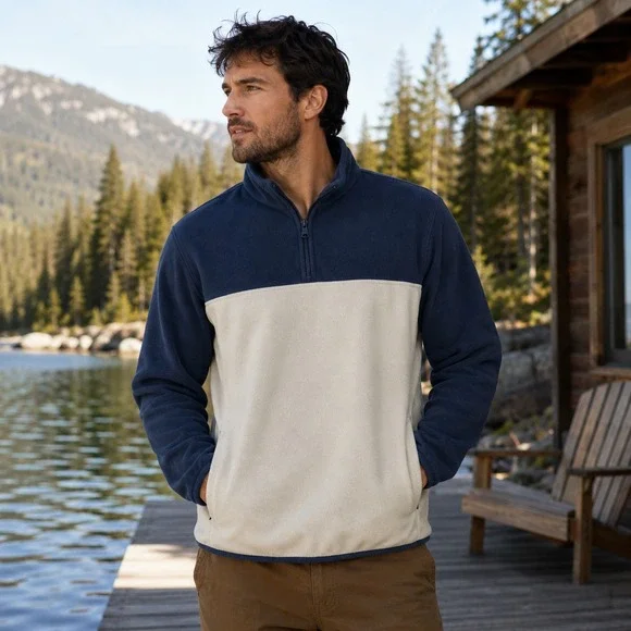 J. Crew Authentic Fleece Mens XL Blue‎ Cream Colorblock Quarter Zip Pullover