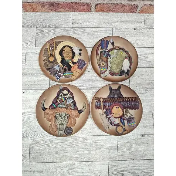 Embossed Cultural 3D Design Clay Plates Native American Indian Pottery Set of 4
