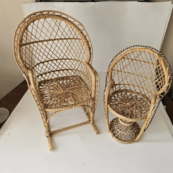 Natural Woven Rattan Wicker Peacock Rocker Chair Set Plant Stand Home Decor