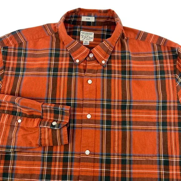 J. Crew Mens Secret Wash Slim‎ Fit Plaid Shirt Burnt Orange Organic Cotton XL