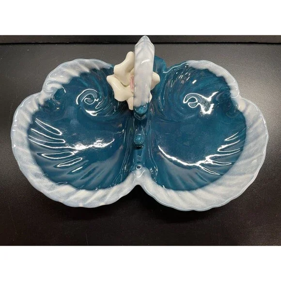 Blue Ceramic Dish With White Flower