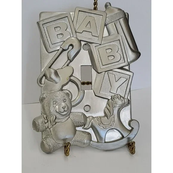Vntg. Light Switch Cover Baby Metal/Pewter Blocks/Bottle/Bear/Horse/Diaper Pin‎