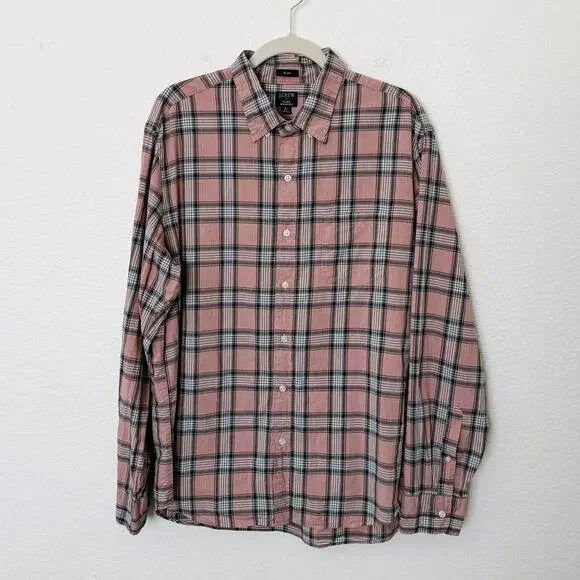 [J. Crew] Pink Plaid Print Slim Fit Flex Washed Button Down Shirt Cotton Size XL