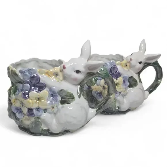 Vintage Enesco 2002 Pair of Bunny Flower Mugs Floral Spring Cups Ceramic Rabbits