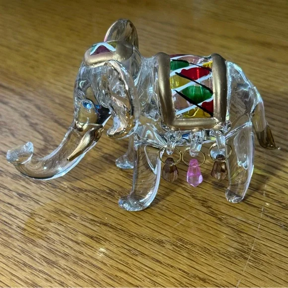 Spun Glass Hand Painted Elephant Figurine With Beads and Gold Accent‎