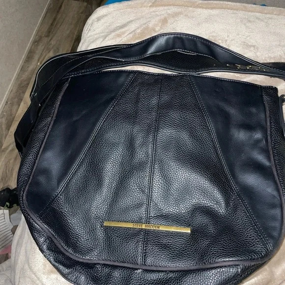 Steve Madden Black Pebbled Leather Messenger Bag with Gold Accent