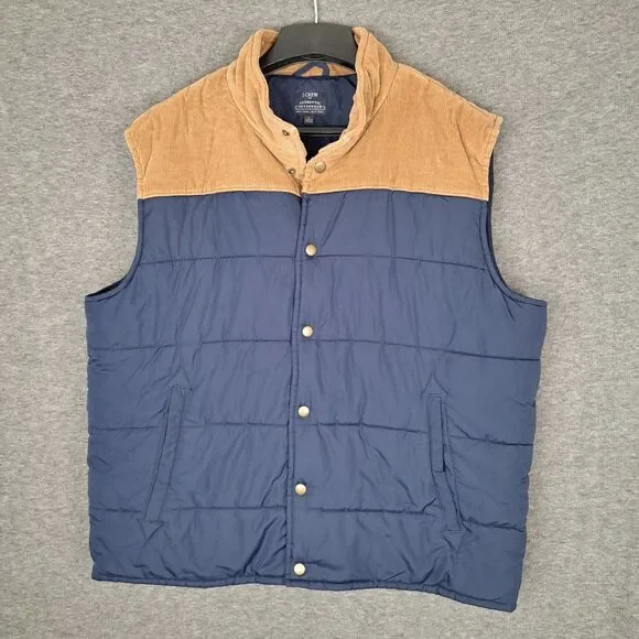 J.Crew Men's Puffer Vest Navy‎ Blue with Brown Corduroy Trim Size XL