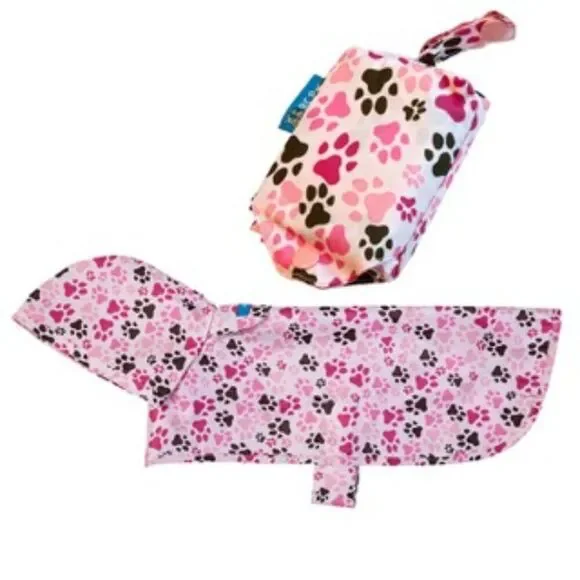 RC Pets Printed Packable Dog Poncho Raincoat Pitter Patter Pink Paw Print XS New
