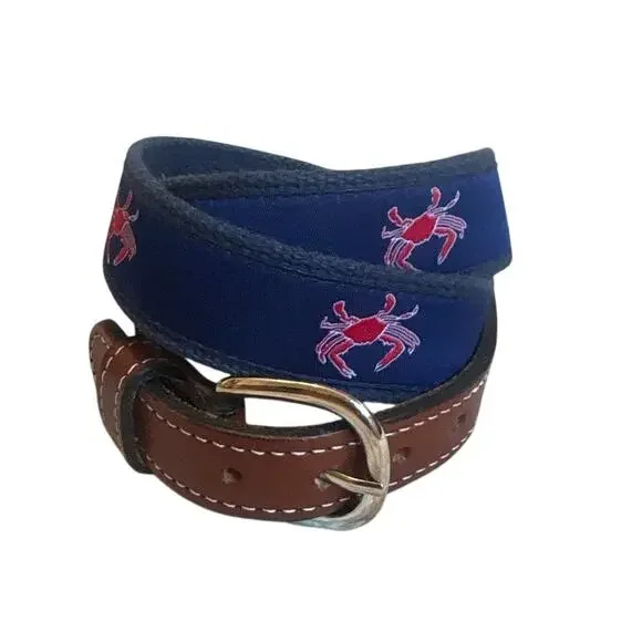 Boutique dark blue crab leather brass‎ buckle boys belt SIZE XL