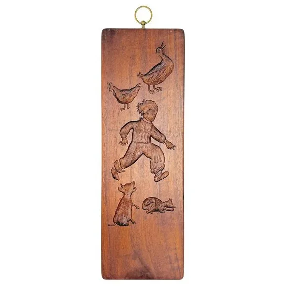 VTG Springerle Double Sided Wood Cookie Mold Press Panel Hangs Fruit Boy Animal