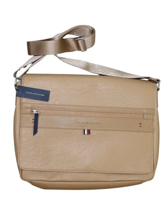 Tommy Hilfiger Pebbled Faux Leather Flap Close Messenger Laptop Computer Bag NWT