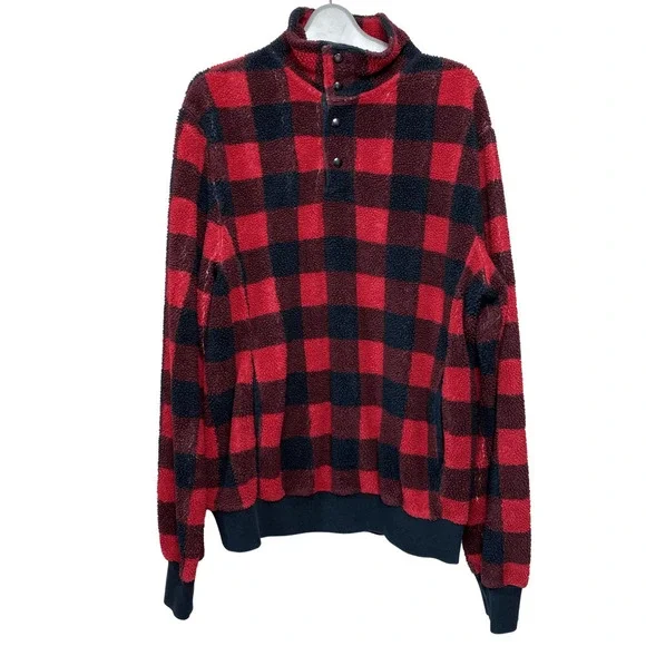 J.CREW Sweater Pullover Buffalo Plaid Check Fleece Shearling Sherpa Snap Size M