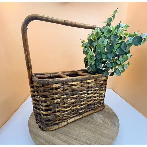 Vintage Tortoise Bamboo Utensil Caddy: Rustic Wicker Basket