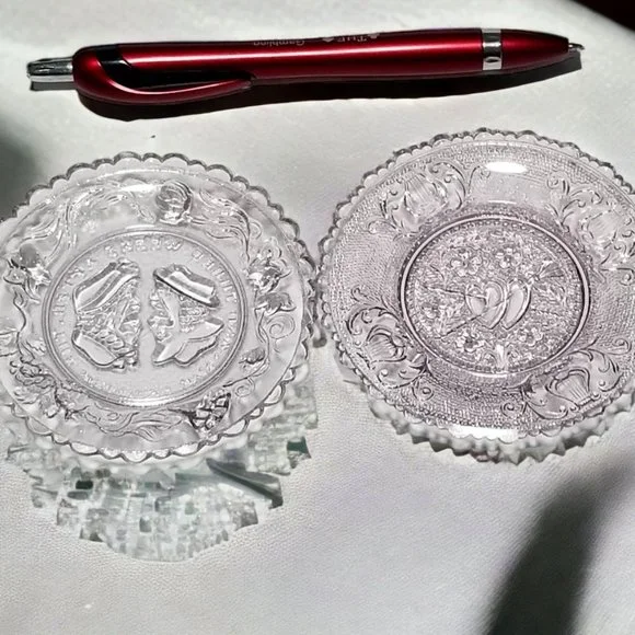 EAPG Mini Clear Glass Plates Westmoreland The Wedding Day & Hearts & Lyre 1930
