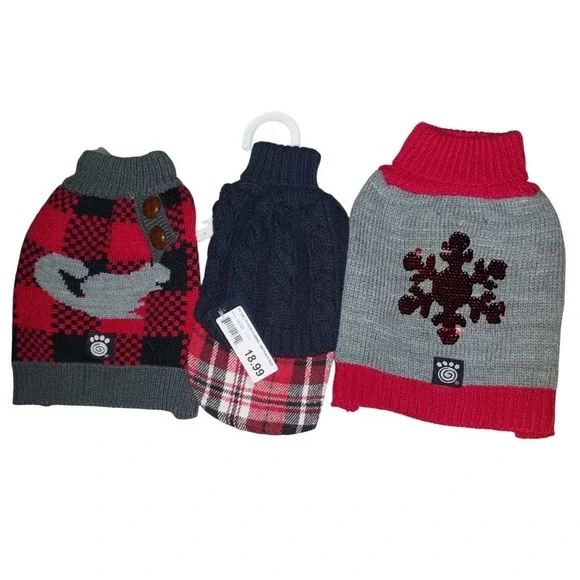 Bundle 3 XS Dog Sweaters Winter Theme Grey And Red Snowflake, Squirrel, Plaid