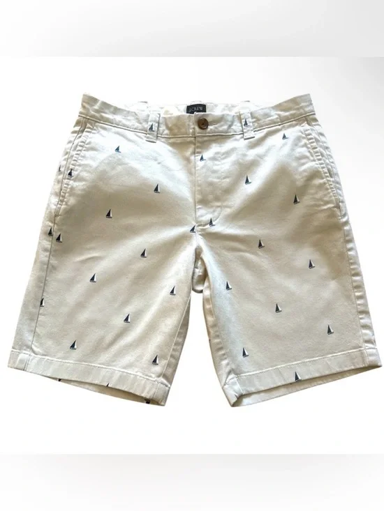J. Crew Men’s Re-Imagined Khaki Shorts Blue Sailboats 9” Inseam Size 29 Like New