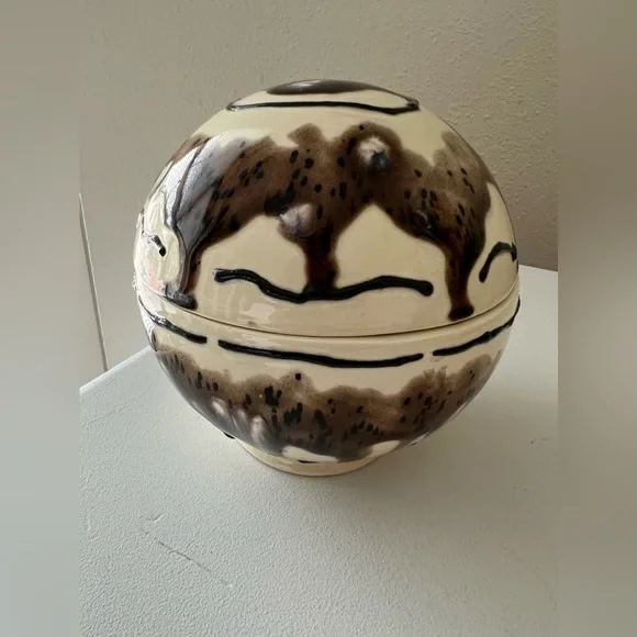 Ceramic Pottery Orb | Hand Made Signed JRM 02 | Round Covered Bowl