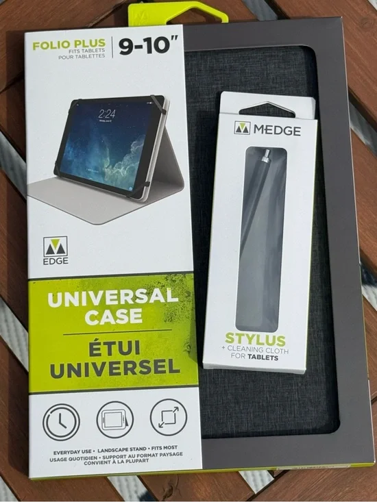 edge Universal Tablet Case with Gray Fabric Exterior and Black Stylus