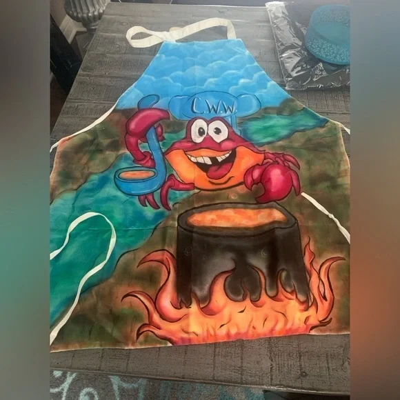 Airbrushed Apron, vibrant red, blue, colors, Preloved in good condition