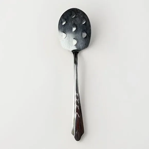 Vintage Ekco Silver Tomato Serving Spoon 9” Slotted Midcentury‎ Geometric