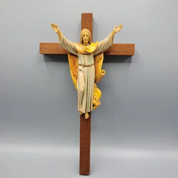 Vintage Wooden Cross Jesus Christ Figure Italy Wall Hanging Religious Decor 1984