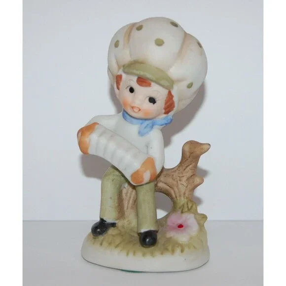 VTG Boy Sitting Playing Accordion Ceramic Figurine Mushroom Hat Green Polka Dots