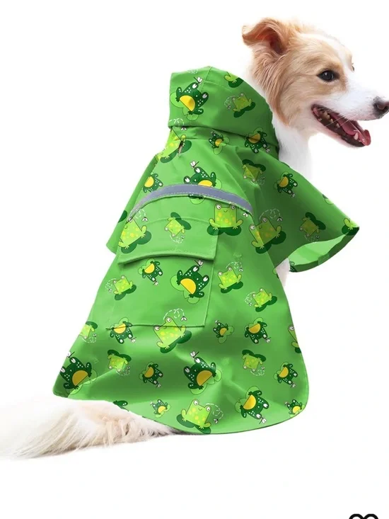NEW 🆕 Green Frog Printed Adjustable Dog Light Weight Raincoat with Hood Large