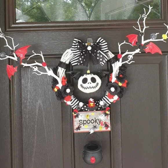 Halloween Wreath Hanger Wall Spooky Bat Decor Jack Skellington Door Hanger Sign