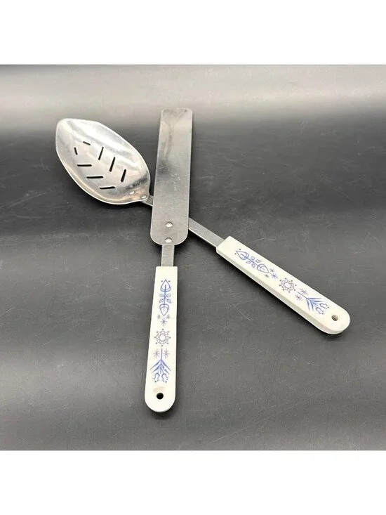 Vintage Slotted Spoon Spatula Set ACE Stainless Steel Blue Floral Handles USA